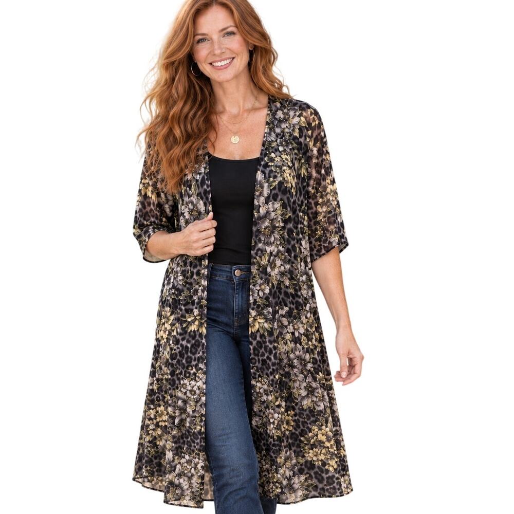 WHBM Mesh Duster Cardigan Womens Size 10 Blue Floral Topper Coverup Medium